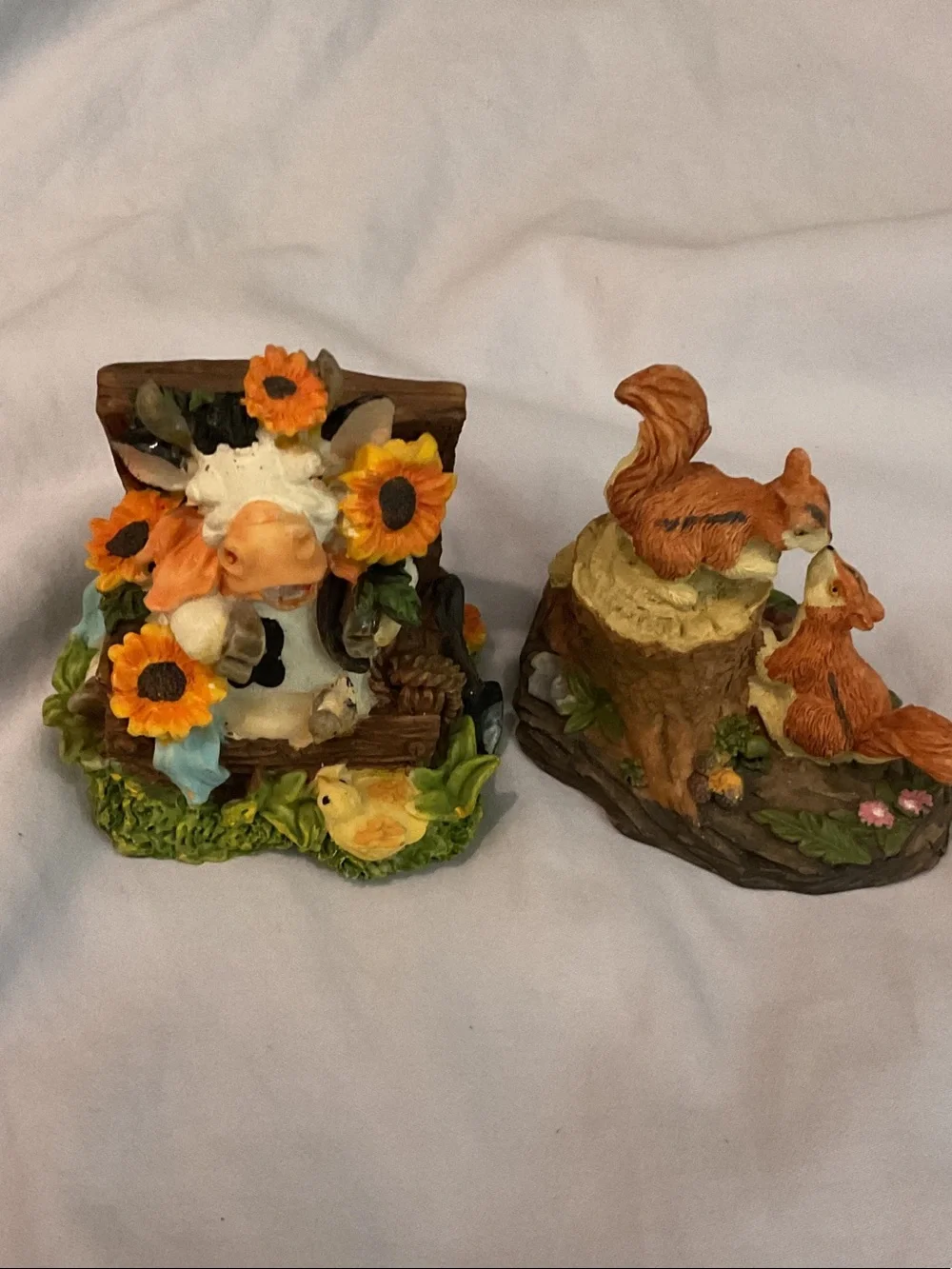 Cow & Sunflower Figurine Pair with Squirrels